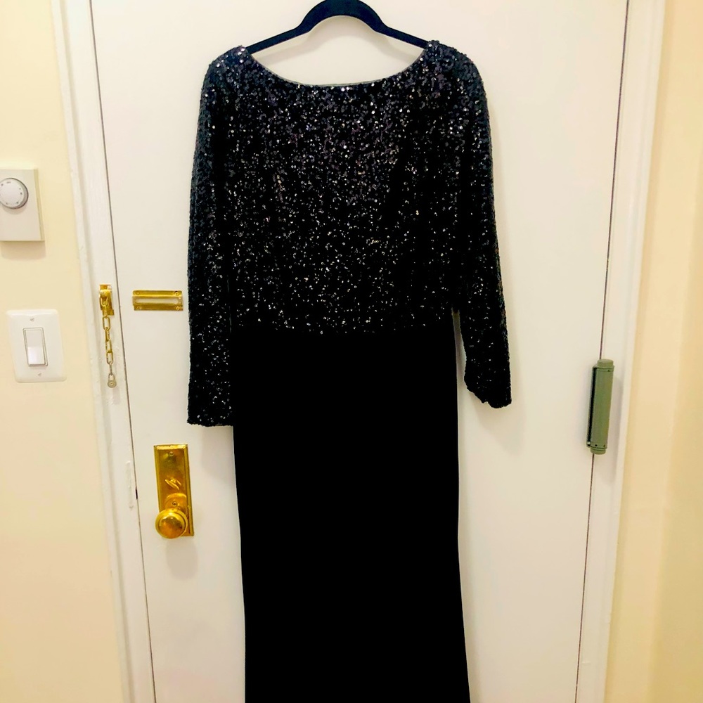 Long Sleeve Black Sequined Floor Length Ralph Lauren Gown